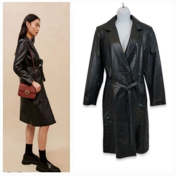 NEW Vintage 90's Express 100% Genuine Leather Belted Trench Coat Size Medium - Picture 8 of 13